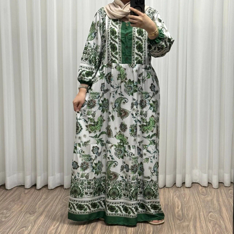 پیراهن زنانه مدل نازلی کد 715 فری سایز تا 46 جنس فلور بوگاتی چهارفصل تنخور شیک و راحت کمربند دارد جلوی کار دکمه دارد