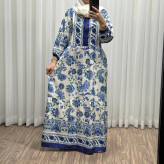 پیراهن زنانه مدل نازلی کد 715 فری سایز تا 46 جنس فلور بوگاتی چهارفصل تنخور شیک و راحت کمربند دارد جلوی کار دکمه دارد