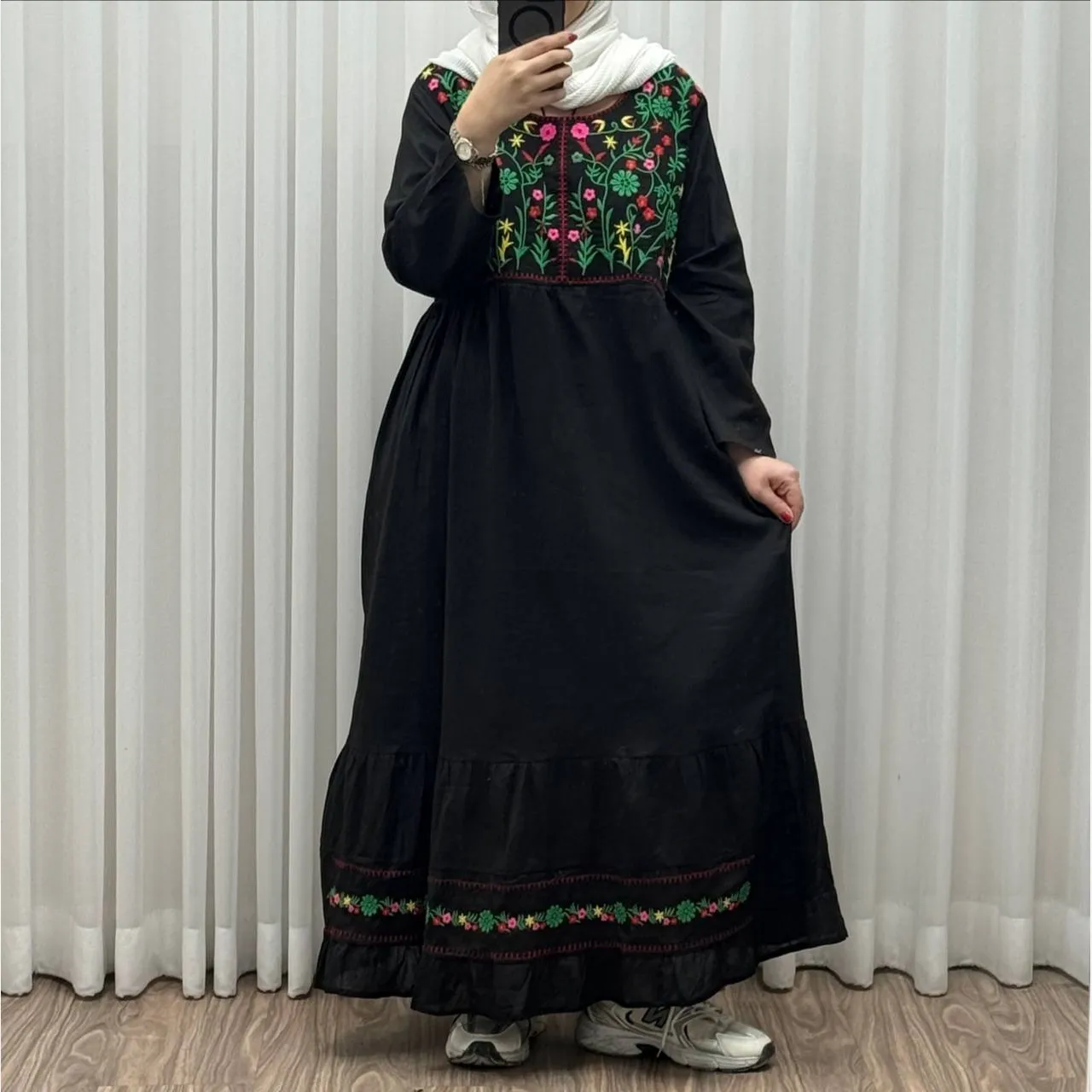 پیراهن نخی زنانه فری سایز تا 46 گلدوزی شده شیک و راحت کمربند دار چهارفصل