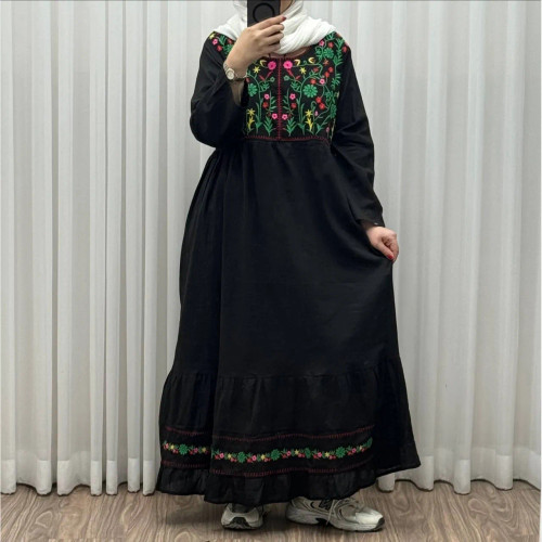 پیراهن نخی زنانه فری سایز تا 46 گلدوزی شده شیک و راحت کمربند دار چهارفصل