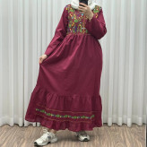 پیراهن نخی زنانه فری سایز تا 46 گلدوزی شده شیک و راحت کمربند دار چهارفصل