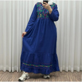 پیراهن نخی زنانه فری سایز تا 46 گلدوزی شده شیک و راحت کمربند دار چهارفصل