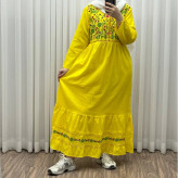 پیراهن نخی زنانه فری سایز تا 46 گلدوزی شده شیک و راحت کمربند دار چهارفصل