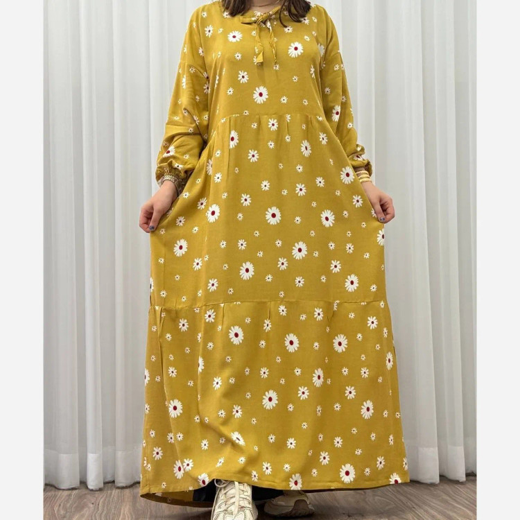 پیراهن نخی زنانه فری سایز تا 48 آیدایی چهارفصل بنددار شیک و راحت