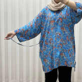 بلوز ترمه جدید آبی فری سایز زنانه نخی چهارفصل تنخور راحت تا سایز 50 کمربنددار بدون دکمه جلو