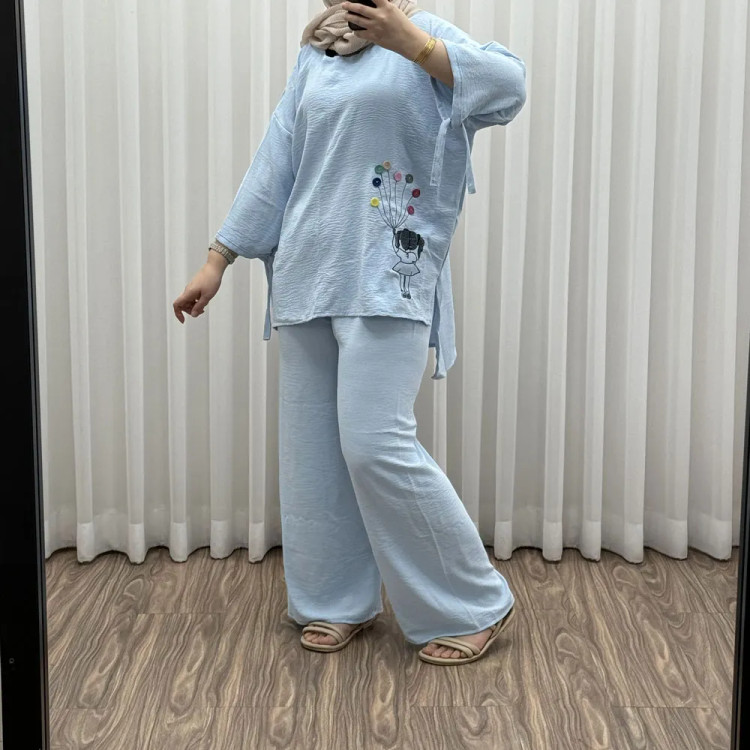 ست بلوز شلوار بادکنکی فری سایز تا 52 ابر و باد چهارفصل شیک و راحت بدون آبرفت و رنگ رفتگی