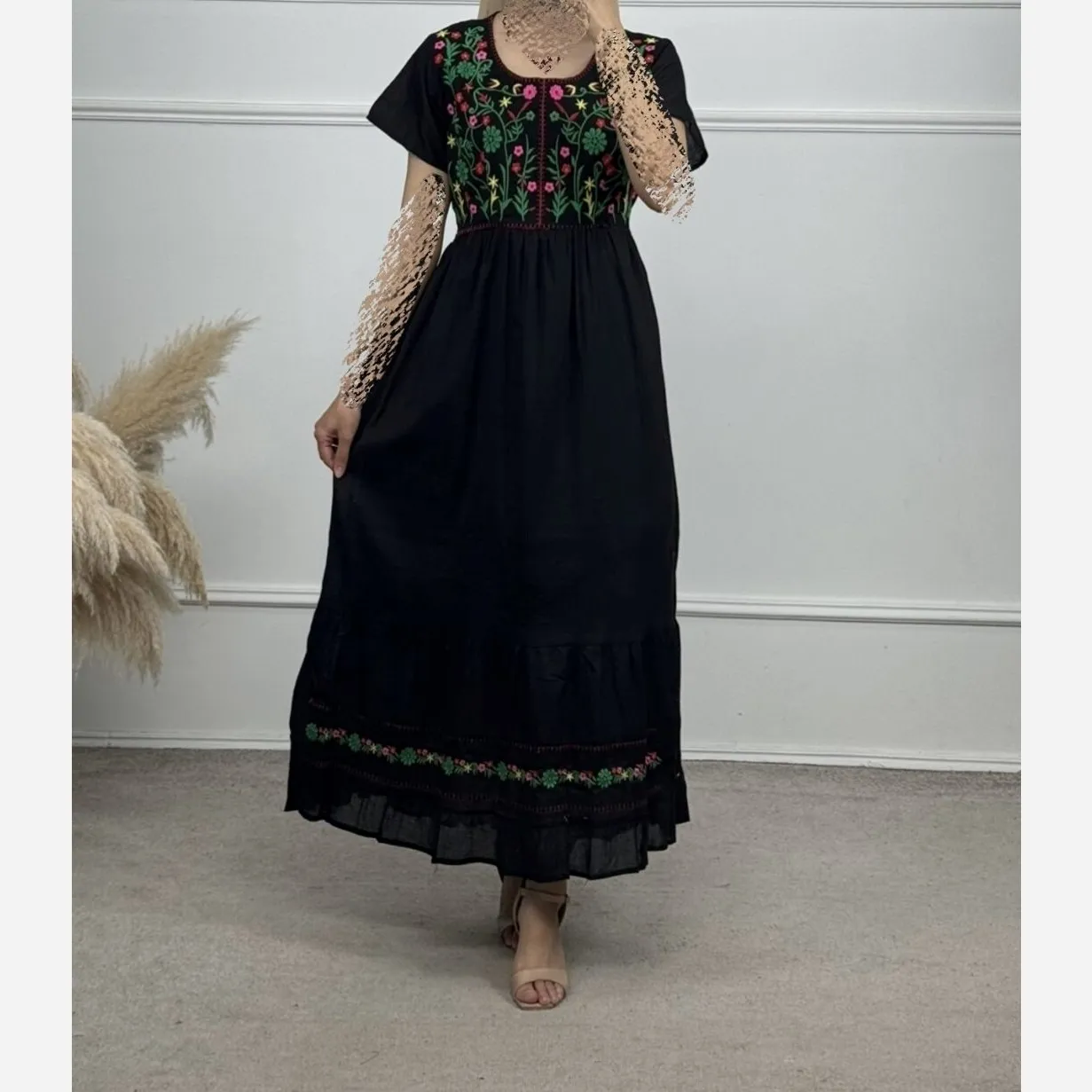 پیراهن ساحلی نخی گلدوزی شده زنانه فری سایز تا 48 آستردار کمربنددار 6 رنگ