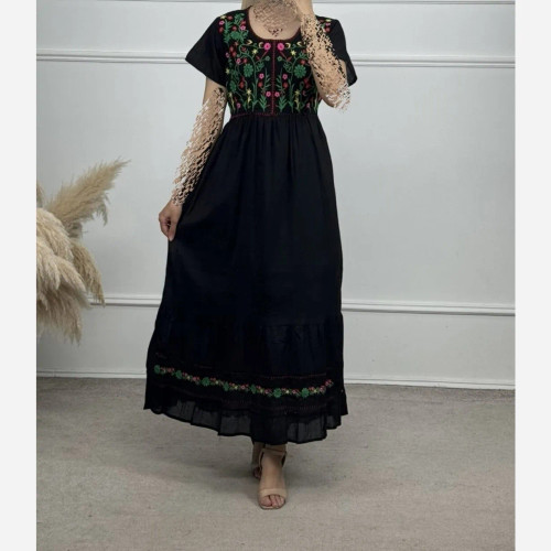 پیراهن ساحلی نخی گلدوزی شده زنانه فری سایز تا 48 آستردار کمربنددار 6 رنگ