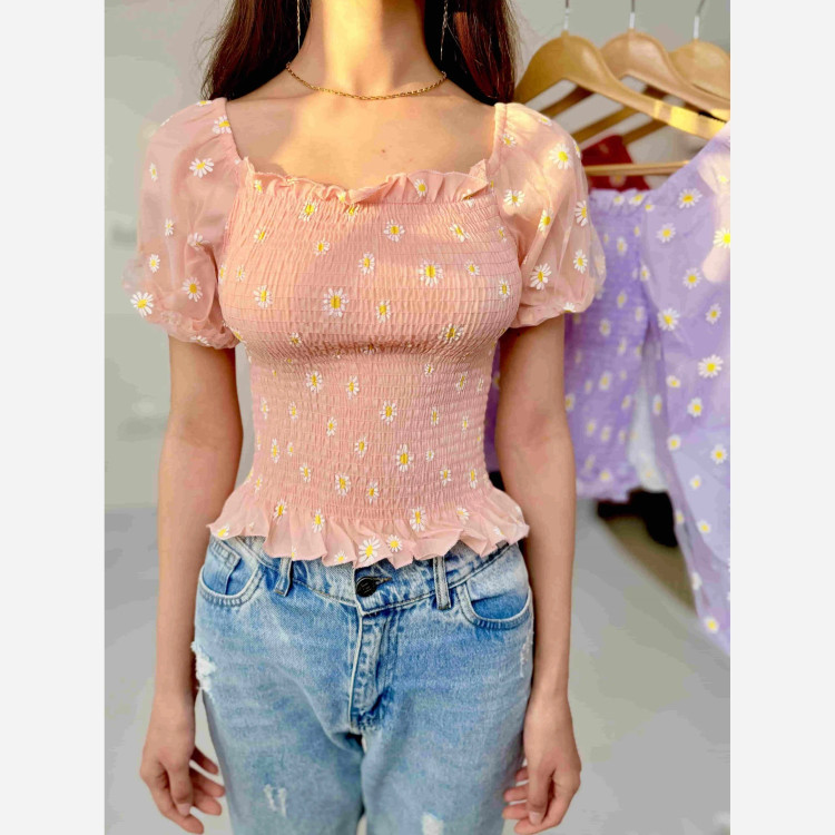 پیراهن کراپ بابونه نخ طوری فری سایز مناسب تا 38 تنخور شیک و راحت چهارفصل بدون سایه اندازی