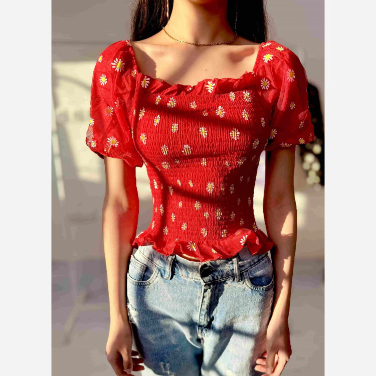 پیراهن کراپ بابونه نخ طوری فری سایز مناسب تا 38 تنخور شیک و راحت چهارفصل بدون سایه اندازی