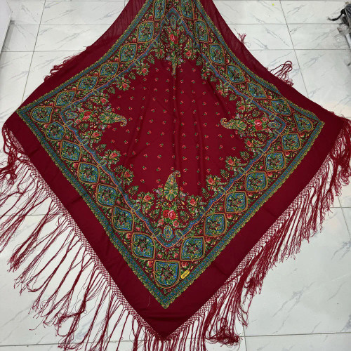 روسری ترکمن نخی ترک مدل ترمه کد 1670 وارداتی ترکیه قواره 140-150 سانت ریشه دستباف