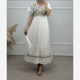 پیراهن ساحلی نخی گلدوزی شده زنانه فری سایز تا 48 آستردار کمربنددار 6 رنگ