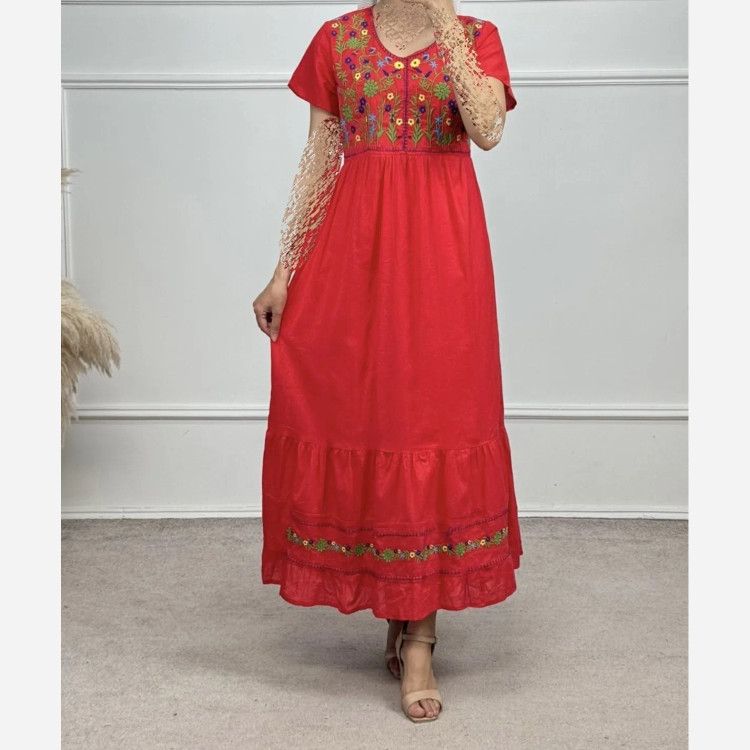 پیراهن ساحلی نخی گلدوزی شده زنانه فری سایز تا 48 آستردار کمربنددار 6 رنگ