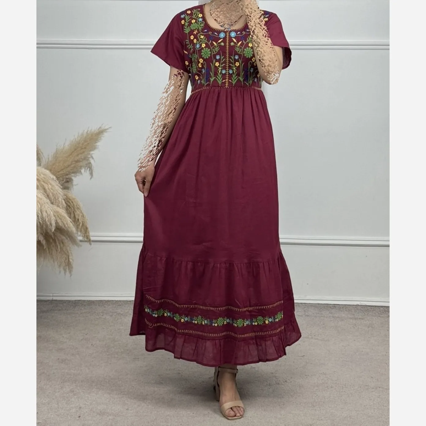 پیراهن ساحلی نخی گلدوزی شده زنانه فری سایز تا 48 آستردار کمربنددار 6 رنگ