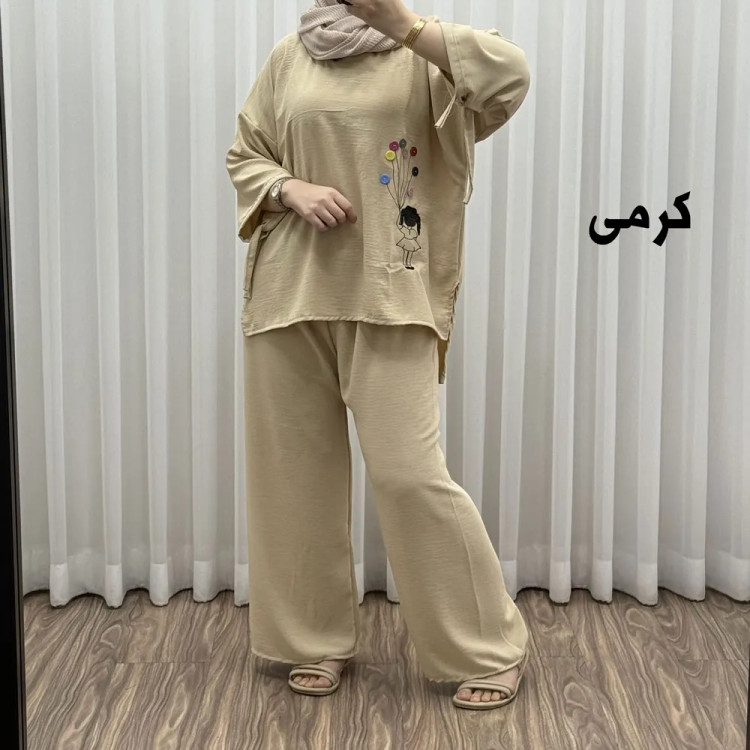 ست بلوز شلوار بادکنکی فری سایز تا 52 ابر و باد چهارفصل شیک و راحت بدون آبرفت و رنگ رفتگی