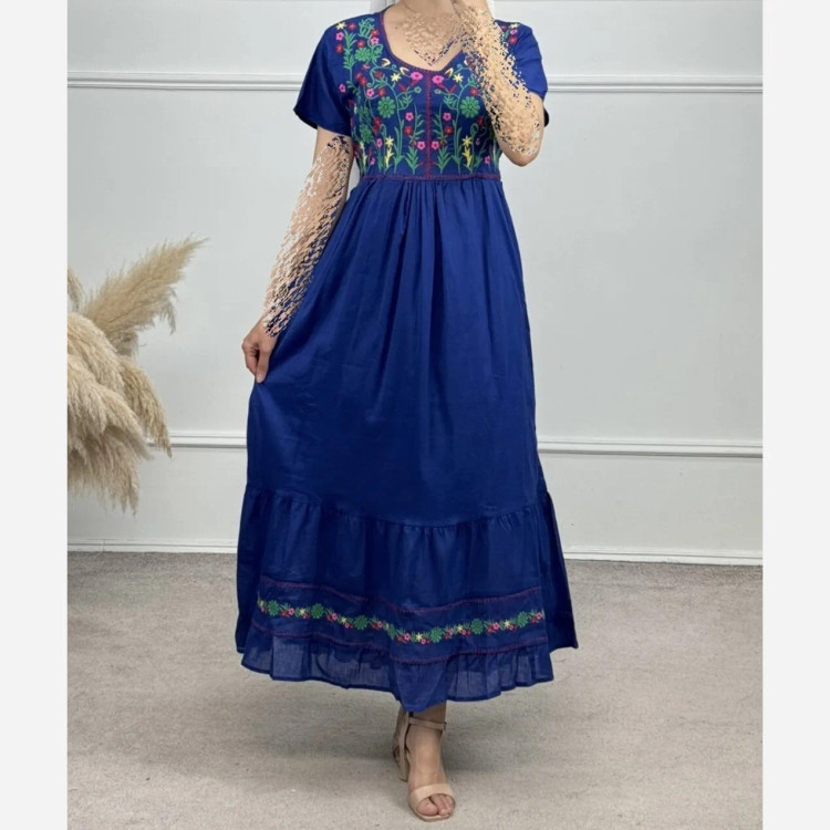 پیراهن ساحلی نخی گلدوزی شده زنانه فری سایز تا 48 آستردار کمربنددار 6 رنگ