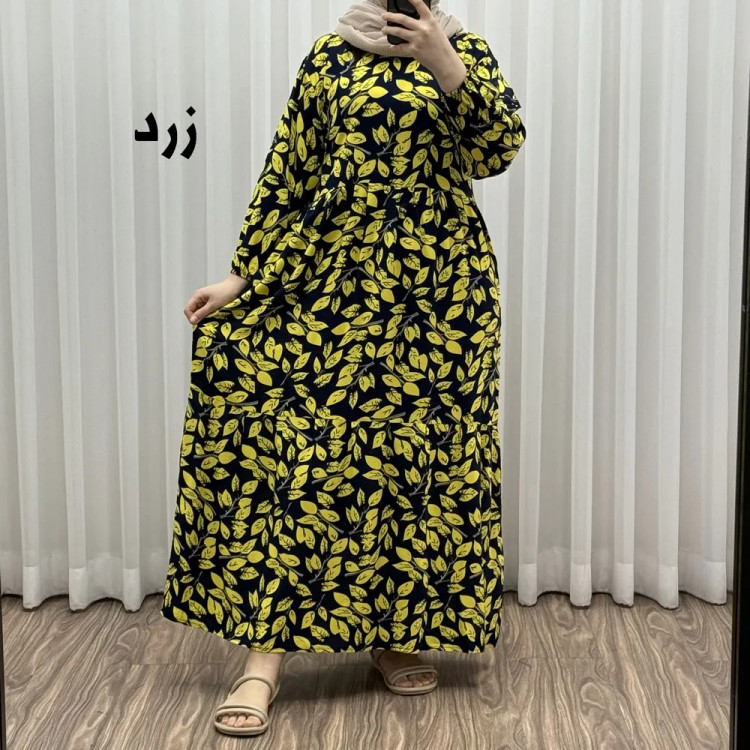 پیراهن نخی گلدار برگ فری سایز تا 46 سوپر نخ خارجی چهارفصل زنانه شیک راحت سایه نمیندازد کمربند دارد