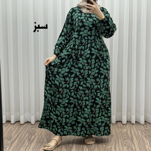 پیراهن نخی گلدار برگ فری سایز تا 46 سوپر نخ خارجی چهارفصل زنانه شیک راحت سایه نمیندازد کمربند دارد