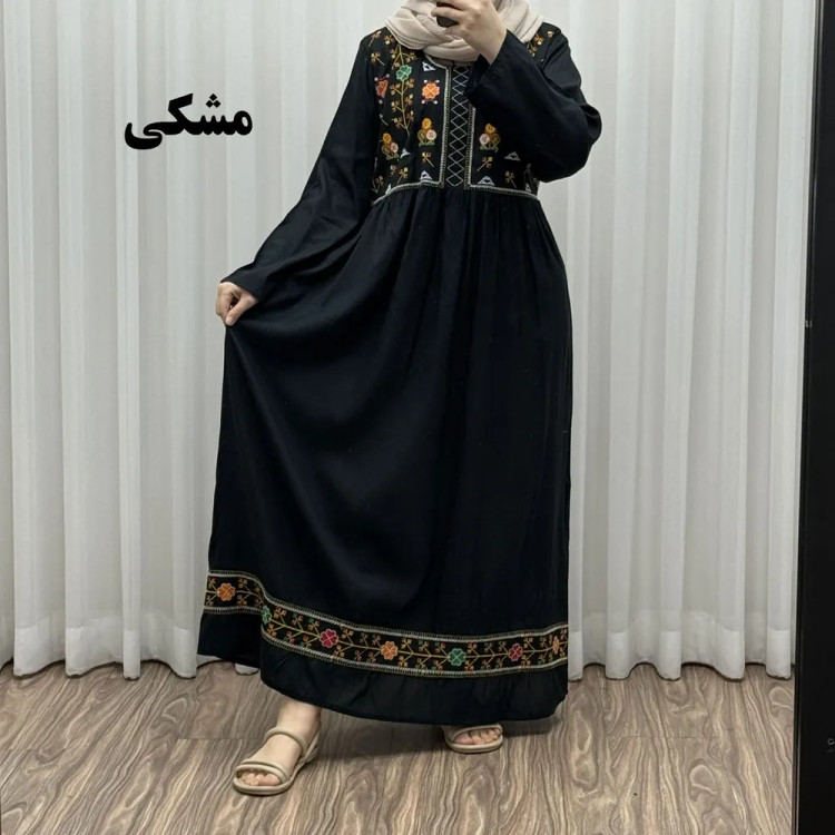 پیراهن نخی هندی سلن گلدوزی فری سایز تا 50 کمربنددار چهارفصل زنانه شیک