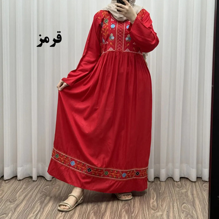 پیراهن نخی هندی سلن گلدوزی فری سایز تا 50 کمربنددار چهارفصل زنانه شیک