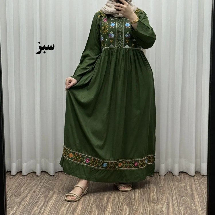 پیراهن نخی هندی سلن گلدوزی فری سایز تا 50 کمربنددار چهارفصل زنانه شیک