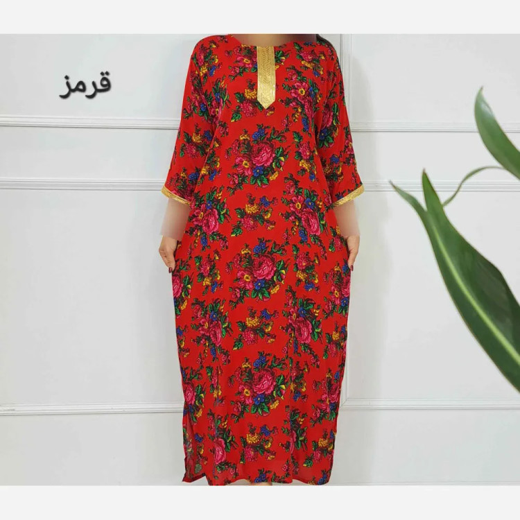 پیراهن ساحلی ترکمنستان طلاکوب گل درشت فری سایز تا 54 نخی شسته شده بدون آبرفت و رنگ رفت کمربند دار سایه نمیندازد