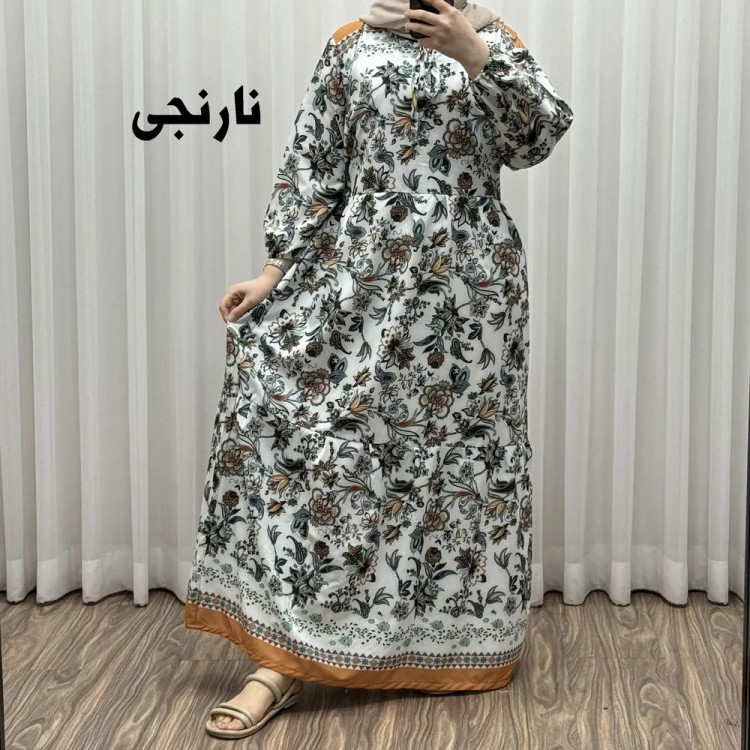 پیراهن فلور بوگاتی حاشیه دار نخی فری سایز تا 50 بنددار چهارفصل زنانه شیک