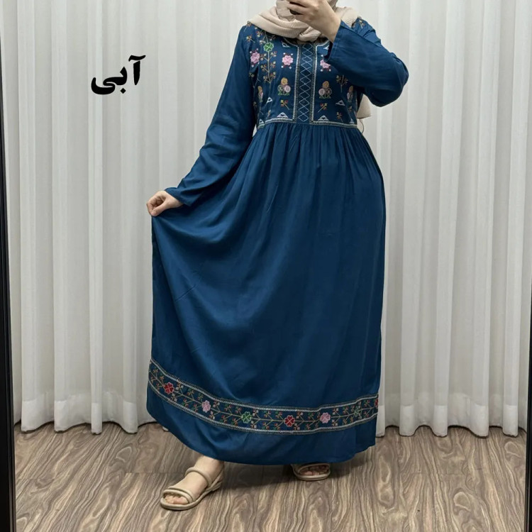 پیراهن نخی هندی سلن گلدوزی فری سایز تا 50 کمربنددار چهارفصل زنانه شیک