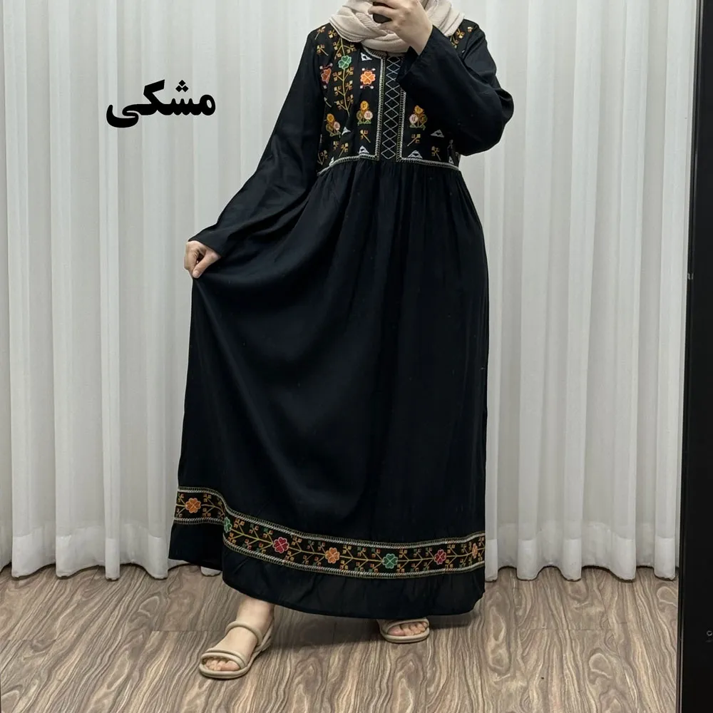 پیراهن نخی هندی سلن گلدوزی فری سایز تا 50 کمربنددار چهارفصل زنانه شیک