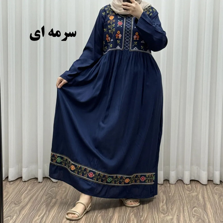 پیراهن نخی هندی سلن گلدوزی فری سایز تا 50 کمربنددار چهارفصل زنانه شیک