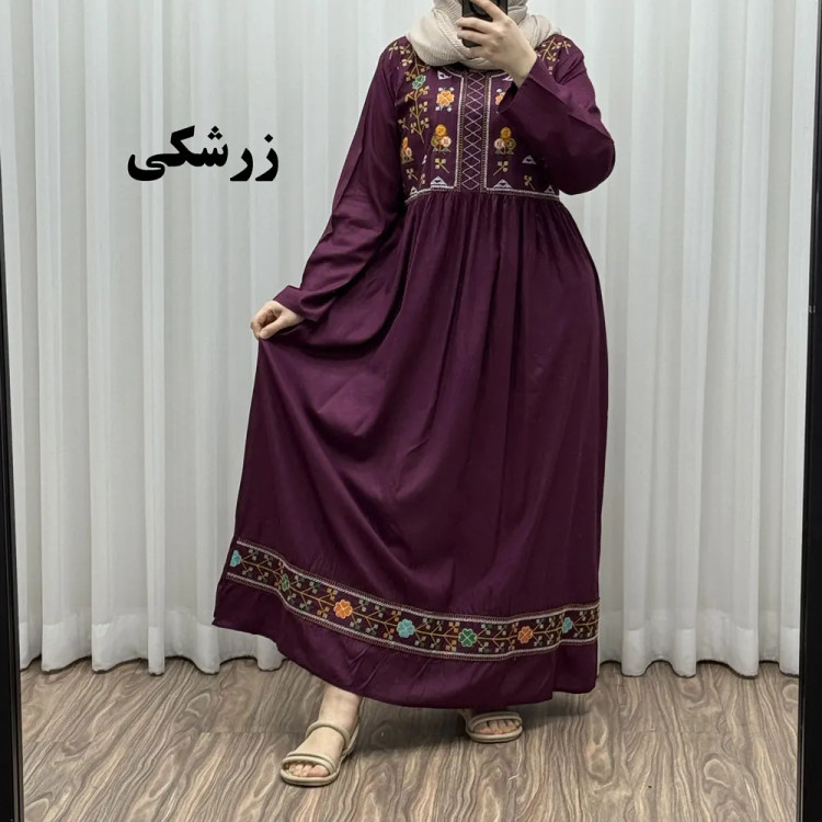 پیراهن نخی هندی سلن گلدوزی فری سایز تا 50 کمربنددار چهارفصل زنانه شیک