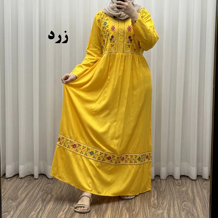 پیراهن نخی هندی سلن گلدوزی فری سایز تا 50 کمربنددار چهارفصل زنانه شیک