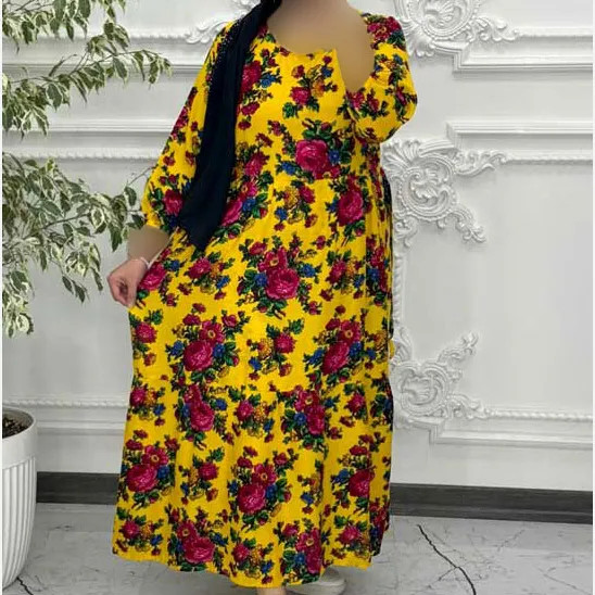 پیراهن ساحلی زنانه نخی گل درشت فری سایز تا 48 کمربنددار چهارفصل شیک راحت