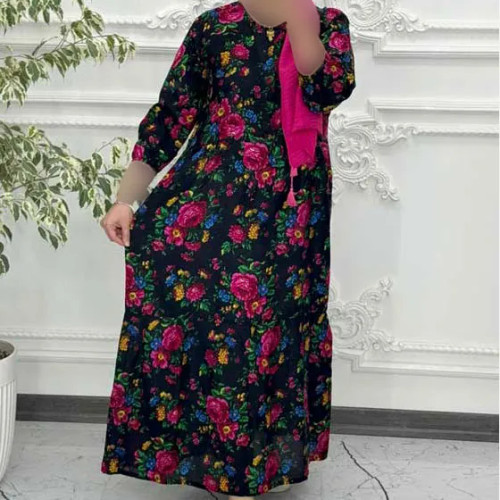 پیراهن ساحلی زنانه نخی گل درشت فری سایز تا 48 کمربنددار چهارفصل شیک راحت