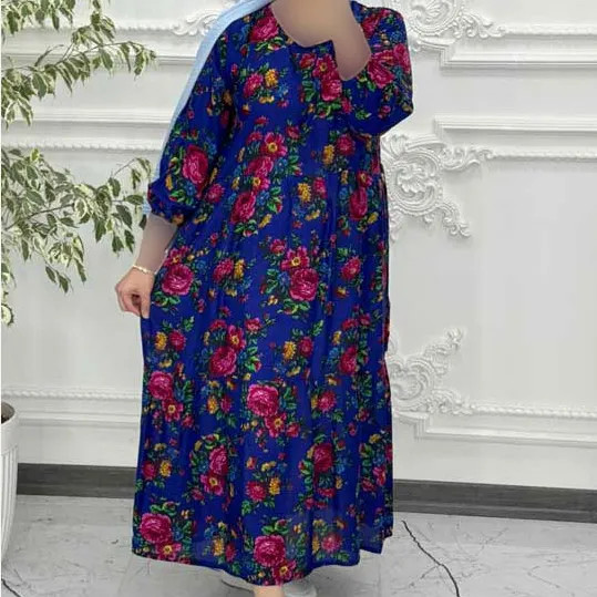 پیراهن ساحلی زنانه نخی گل درشت فری سایز تا 48 کمربنددار چهارفصل شیک راحت