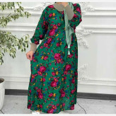 پیراهن ساحلی زنانه نخی گل درشت فری سایز تا 48 کمربنددار چهارفصل شیک راحت