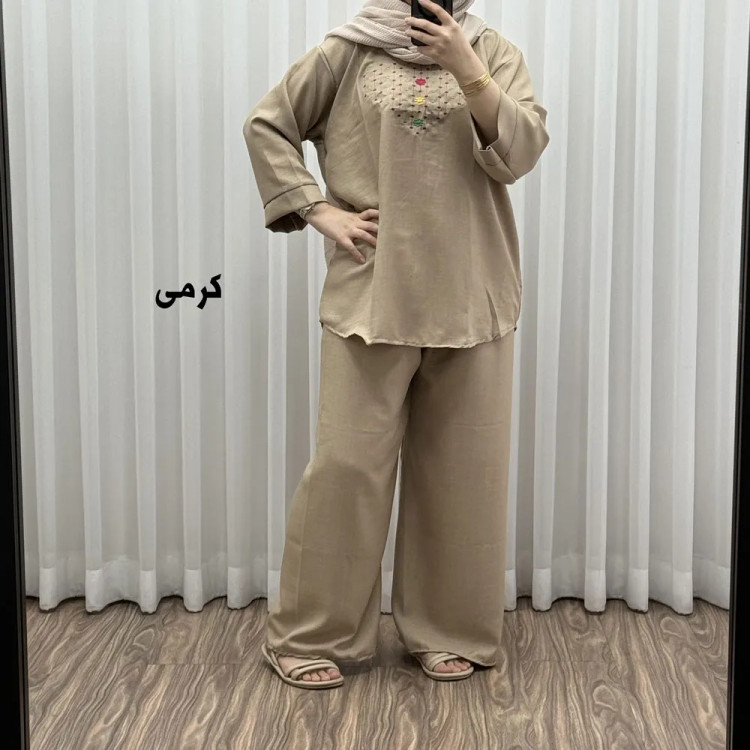 ست بلوز شلوار گلدوزی آلنا فری سایز تا 50 جنس صوفیا چهارفصل شیک راحت بدون آبرفت و رنگ رفت