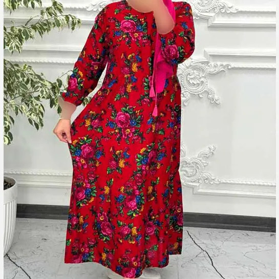 پیراهن ساحلی زنانه نخی گل درشت فری سایز تا 48 کمربنددار چهارفصل شیک راحت