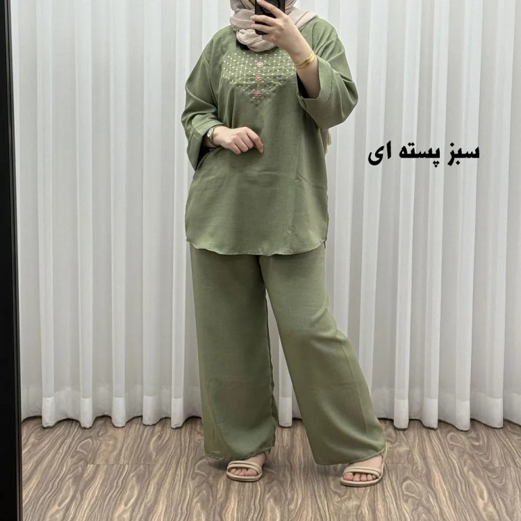 ست بلوز شلوار گلدوزی آلنا فری سایز تا 50 جنس صوفیا چهارفصل شیک راحت بدون آبرفت و رنگ رفت