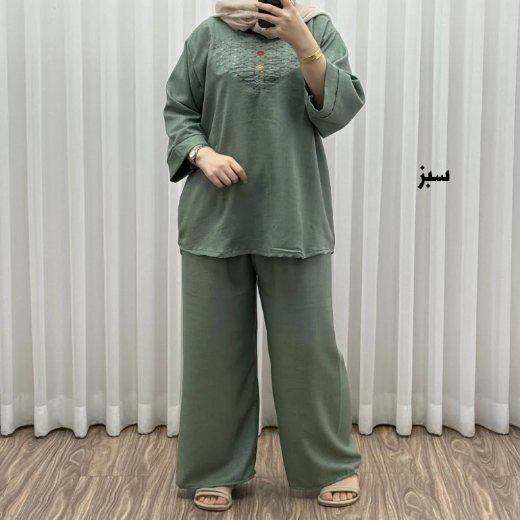 ست بلوز شلوار گلدوزی آلنا فری سایز تا 50 جنس صوفیا چهارفصل شیک راحت بدون آبرفت و رنگ رفت