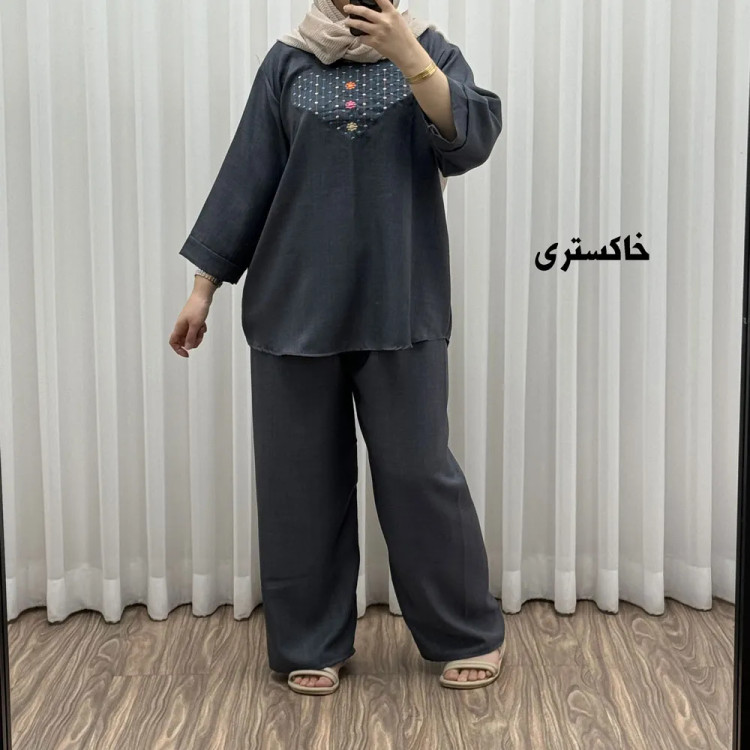 ست بلوز شلوار گلدوزی آلنا فری سایز تا 50 جنس صوفیا چهارفصل شیک راحت بدون آبرفت و رنگ رفت