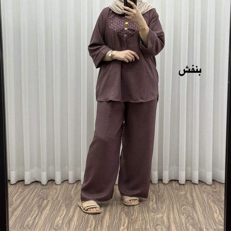 ست بلوز شلوار گلدوزی آلنا فری سایز تا 50 جنس صوفیا چهارفصل شیک راحت بدون آبرفت و رنگ رفت