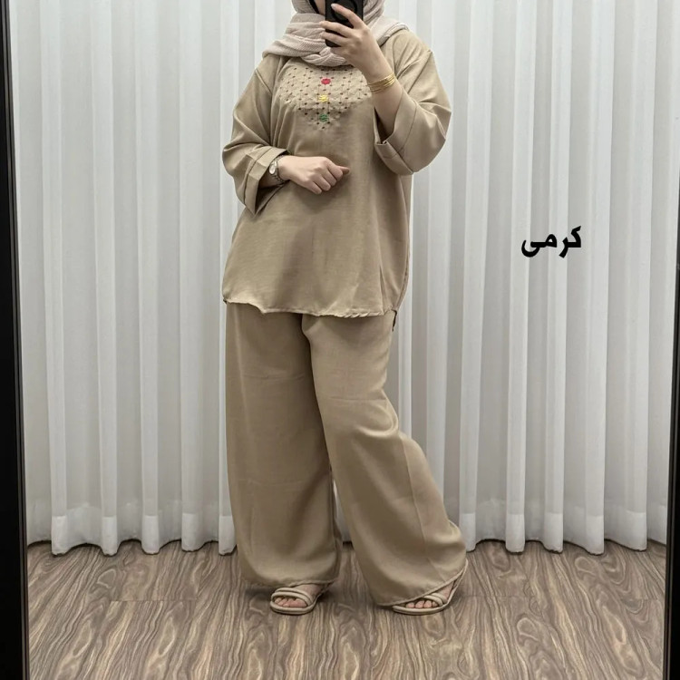 ست بلوز شلوار گلدوزی آلنا فری سایز تا 50 جنس صوفیا چهارفصل شیک راحت بدون آبرفت و رنگ رفت