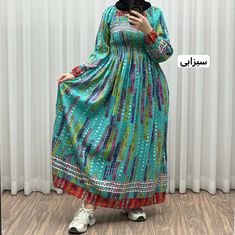 پیراهن ساحلی آستین دار هندی اطلس فری سایز تا 52 کریشه چهارفصل شیک و راحت بدون بدن نما