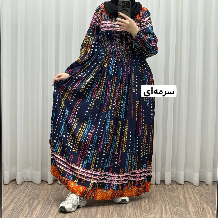 پیراهن ساحلی آستین دار هندی اطلس فری سایز تا 52 کریشه چهارفصل شیک و راحت بدون بدن نما