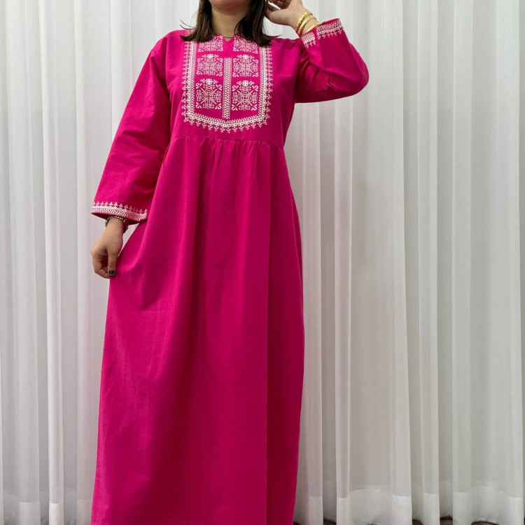 پیراهن لینن چاپی ساره فری سایز تا 48 بنددار چهارفصل شیک راحت بدون آبرفت و رنگرفت