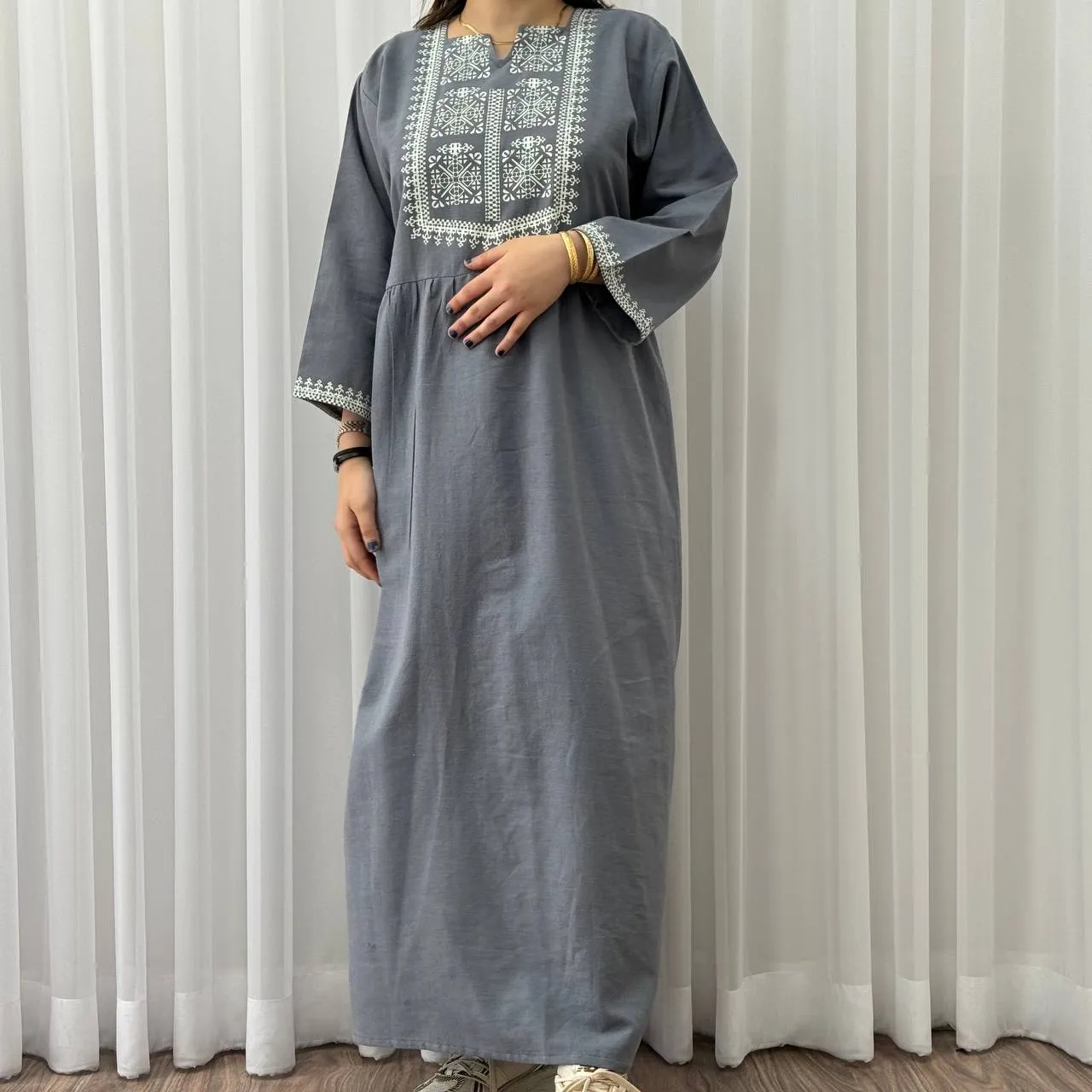 پیراهن لینن چاپی ساره فری سایز تا 48 بنددار چهارفصل شیک راحت بدون آبرفت و رنگرفت