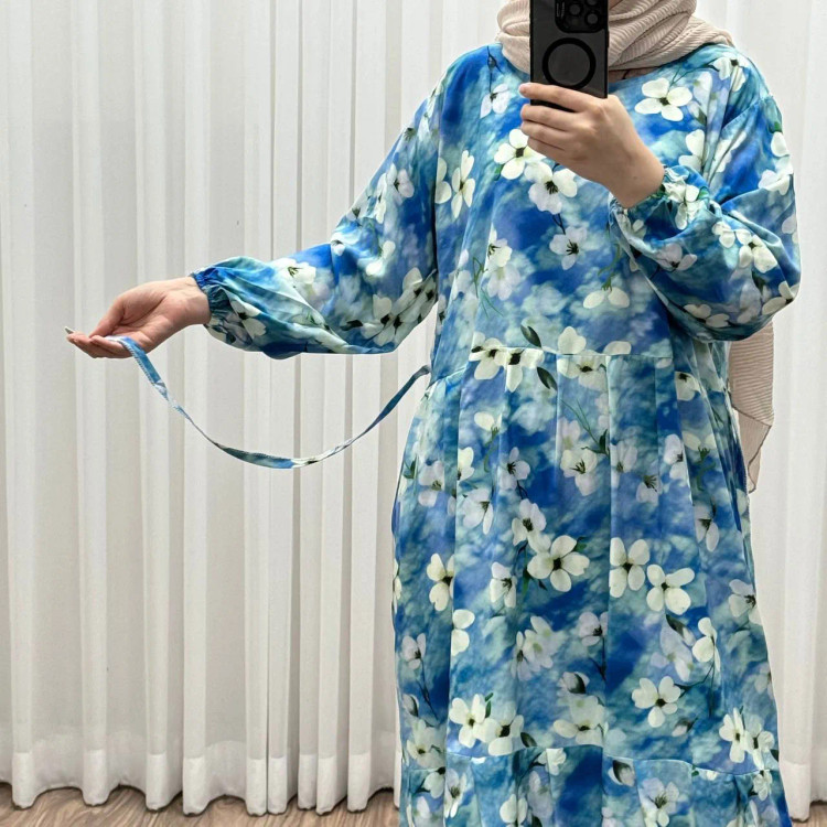 پیراهن نخی خارجی مدل هیوا فری سایز مناسب تا سایز 50 چهارفصل شیک راحت با بند کمر و کمربند بدون دکمه جلو بدون سایه انداختن