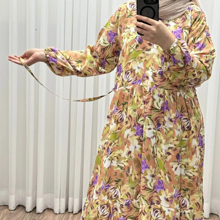 پیراهن نخی خارجی مدل هیوا فری سایز مناسب تا سایز 50 چهارفصل شیک راحت با بند کمر و کمربند بدون دکمه جلو بدون سایه انداختن