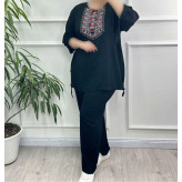 بلوز شلوار نخی مدل آیدا چاپی فری سایز مناسب تا سایز 50 شسته شده بدون آبرفت و رنگ رفت کمربند دار چهار فصل